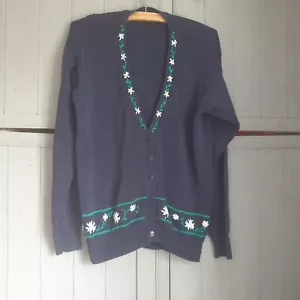 Vintage 90s Y2K Navy Blue Cardigan Sz S Cotton Knit Floral Embroidery - Picture 1 of 8