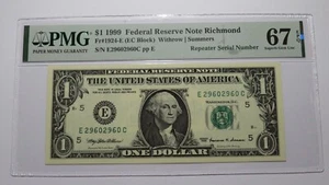 $1 1999 Repeater Serial Number Federal Reserve Currency Bank Note Bill PMG UNC67 - Picture 1 of 3