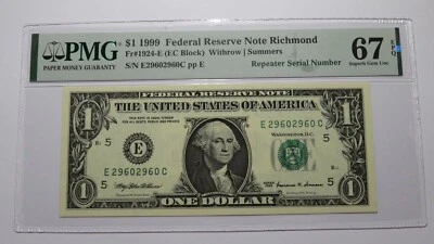 $1 1999 Repeater Serial Number Federal Reserve Currency Bank Note Bill PMG UNC67 - Image 1 of 3