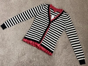 ELLE Women's Cardigan Sweater Cotton Blend Black & White Red Ruffle Size Small - Picture 1 of 4