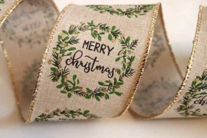 5 Yards Linen Burlap Merry Christmas Script 2 1/2" Wired Ribbon Wreath 5 yds - Picture 1 of 1