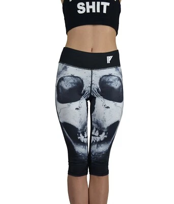 IRON FIST SKULL PUNK ROCK GOTHIC UNIQUE RARE BLACK LEGGINGS CAPRI WORKOUT FITNES - Image 1 of 4