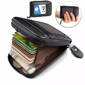 Men Leather Credit Card Holder RFID Blocking Zipper Pocket Wallet with ID Window - Picture 1 of 16