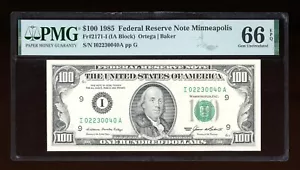 DBR 1985 $100 FRN Minneapolis Gem Fr. 2171-I PMG 66 EPQ Serial I02230040A - Picture 1 of 2