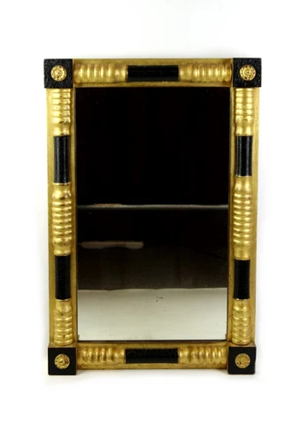 Antique Primitive Federal Period Black & Gold Wood Column Framed Mirror Cover