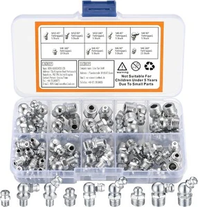 Metric Grease Fittings Kit, 60 Pcs Hydraulic Grease Zerk Assortment Kit, 45 90 - Picture 1 of 7