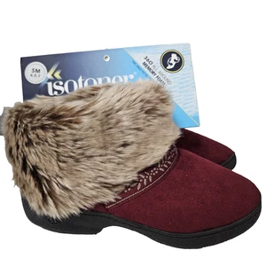 NWT Isotoner Signature 360 All Around Foam Fur Booties Women’s 6.5-7 Burgundy - Picture 1 of 7
