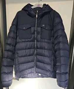 CK CALVIN KLEIN MENS GOLF NAVY BLUE HOODED QUILTED PUFFER COAT JACKET 2XL XXL - Picture 1 of 10