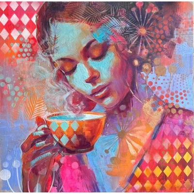 Pintura al óleo de mujer fantasía: arte de retrato original "Chocolate Caliente", 20x20 Foto 1 de 4