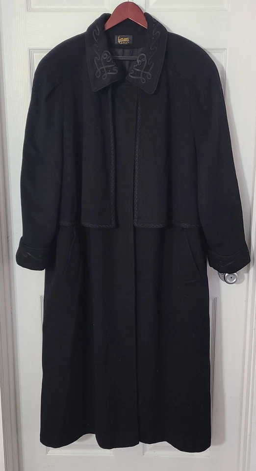 Casaco feminino vintage anos 90 Lorovi 24W lã preta eduardiana cabo longo feito nos EUA - Imagem 1 de 4