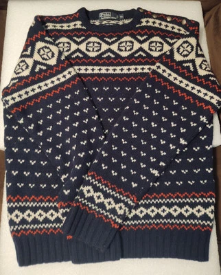 Винтажный поло Ralph Lauren мужчин XL Nortic лыж узор 100% шерсти свитер ручной вязки - Изображение 1 из 4