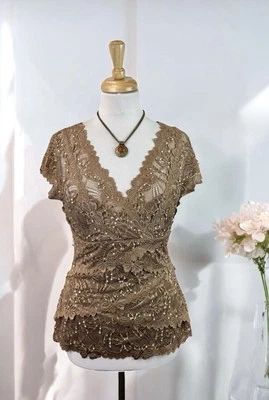 Brown Lace Beaded Sequin Blouse Top Fairycore Dressy Formal Glam 90s Size Medium - Image 1 of 4