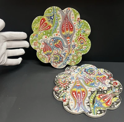 2 azulejos de cerámica turca hechos a mano estilo jardín remache festoneado redondo 7"w Foto 1 de 4