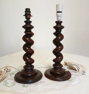 VINTAGE SET OF TWO BARLEY TWIST HANDMADE WOODEN TABLE BEDSIDE LAMP BASES - Picture 1 of 6