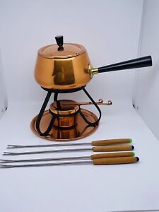 Vintage Copper and Brass Fondue Pot with Underplate Burner & Forks