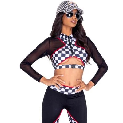 Race Car Driver Costume Checkered Crop Top Cut Out Sheer Mesh Sleeves Pants 5021 - Image 1 of 4