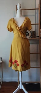 Revival Yellow + Red Embroidered Flowers Wrap Dress Sz 10 - Picture 1 of 4