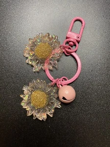 Sunflower keychain Purse Bag charm key fob with bell chain strap Pink - Picture 1 of 2