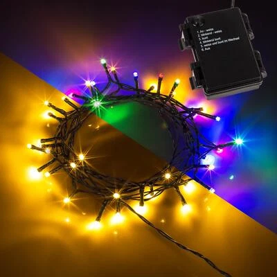 Innen Aussen Lichterkette 40 LEDs warmweiß und bunt mit 6-Stunden Timer Batterie - Bild 1 von 4
