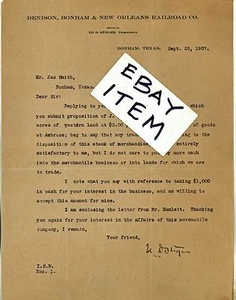 1907 LETTERHEAD Texas DENISON BONHAM & NEW ORLEANS RAILROAD COMPANY Ed D. Steger - Picture 1 of 1