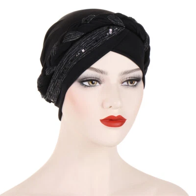 Hiyab musulmán mujeres lentejuelas envolventes gorras turbante pérdida de cabello sombreros pañuelo islámico Foto 1 de 4