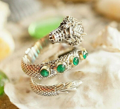925er Silber Ring Drache Schlange 57 58 59 60 61 Smaragd Grün Mega Massiv Gotic  - Bild 1 von 4