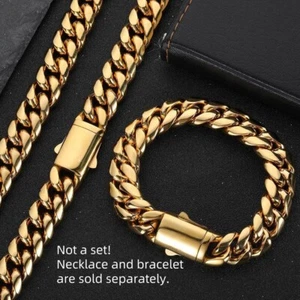 6-14MM  all Stainless Steel 18k Gold Plated Miami Hip Hop Cuban Chain Necklace - Picture 1 of 11