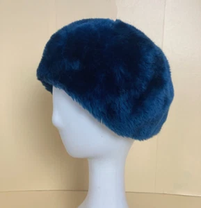 Vintage Faux Fur Hat Beret Navy Blue One Size Pill Bow Retro Mod Apres Ski - Picture 1 of 6
