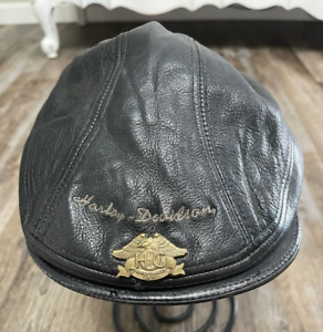Harley Davidson Motorcycle Leather Newsboy Cabbie Hat Cap Small Medium USA