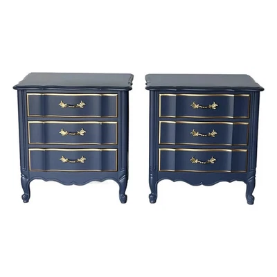 Pair of French Provincial Blue Nightstands of Three Drawers, Blue Nightstands - Image 1 of 4