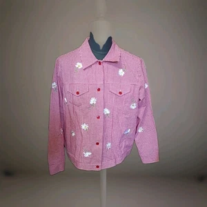 The Quacker Factory Red & White Gingham Embroidered Daisies Jacket Oversize sZ.L - Picture 1 of 14