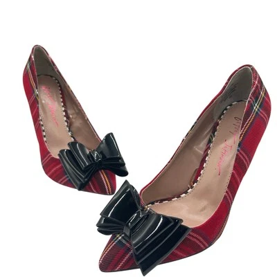 Betsey Johnson Heels Womens 5.5 Red Plaid Bow Pointed Toe Pumps Stiletto New - Image 1 of 4