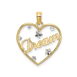 14k Yellow Gold Rhodium Heart Pendant Dream Script Star Accent Motivational Char - Picture 1 of 6