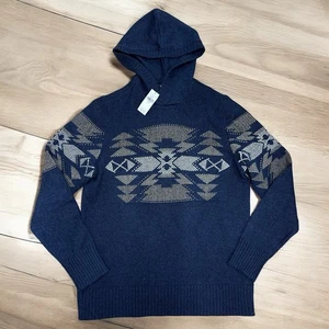 American Eagle Men's Pullover Hooded Sweater Navy Gray Aztec Southwest Med NWT - Picture 1 of 9