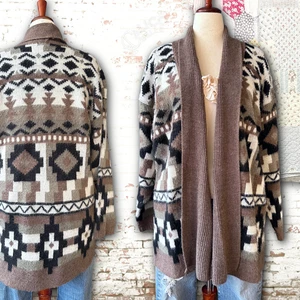 Vintage 80s Aztec Blanket Boho Open Front Knit Cardigan Sweater Size L USA Made - Picture 1 of 13