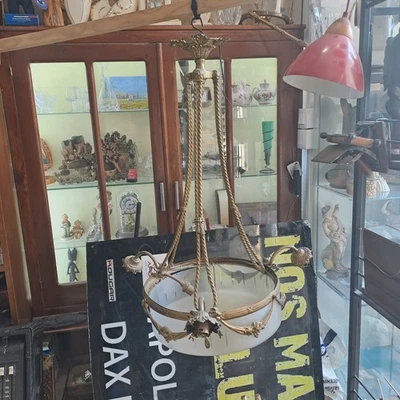 Ancien lustre suspension bronze 4 lumière + vasque H 80 cm - Photo 1/4