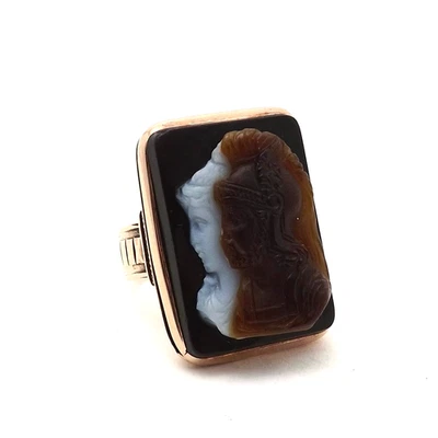 Victorian 14K Rose Gold Carved Hardstone Double Cameo Lady Solider Mens Ring 8gr - Image 1 of 4