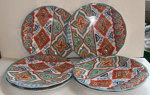 Boho Living Turquoise Orange Medallion MELAMINE Dinner Plates Set Of 6 - Picture 1 of 4