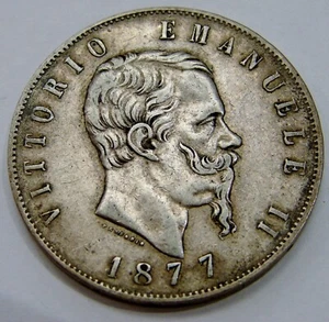 Italy - 1877 R - Silver 5 Lire - KM# 8.4 - Vittorio Emanuele II - Picture 1 of 2