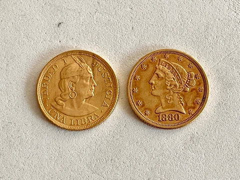 HIGH END 1966 1 PERUVIAN LIBRA GOLD COIN & 1880 U.S. $5 LIBERTY GOLD COIN Cover