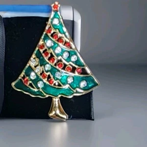 Spilla e orecchini albero di Natale tono oro con SET STRASS VERDI ROSSI BIANCHI VINTAGE - Foto 1 di 6