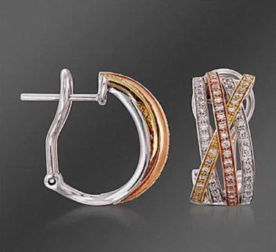 Gorgeous 14K White&Rose&Yellow 3-Tone Gold Natural Diamond Hoop Earring Studs - Image 1 of 2