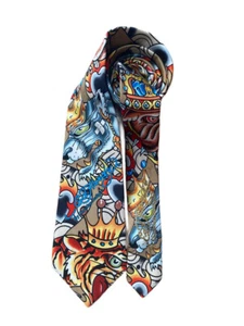 ED Hardy By Christian Audigier Tie Beige Tiger Bulldog Crown Spotted Pure - Picture 1 of 10