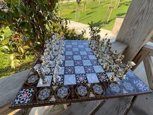 Luxury Antique Chess Set – Handmade Mother of Pearl Wooden Board & Metal Pieces - Picture 1 of 11