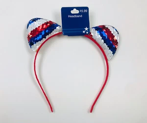 Girls USA Fourth of July Headband Sequin Cat Ears Red, White, Blue Stripes - Picture 1 of 2