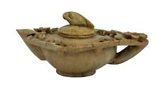 Chinese Republic pale yellow soapstone teapot prunus flowers bird lid ornament