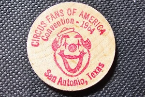 Vintage 1964 Wooden Nickel Circus Fans of America Conv San Antonio Texas Red - Picture 1 of 1