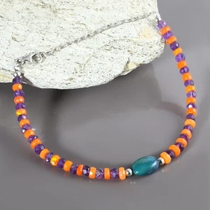 Natural Orange Opal & Black Opal Beads Chain 925 Silver Handmade Women Bracelet - Picture 1 of 5