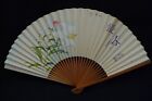 ANTIQUE ASIAN HAND FOLDING FAN HANDPAINTED RICE PAPER LILY WOODEN BAMBOO HANDLE