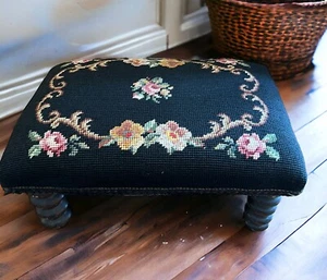 Antique Needlepoint Ottoman Stool Footrest Spool Bobbin Legs 19thC VTG Signed ** - Picture 1 of 15